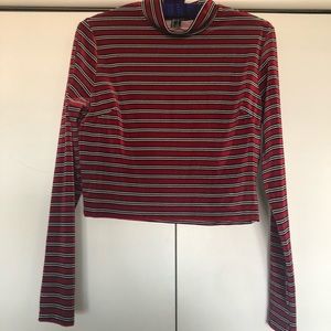Mock-Neck Long Sleeve Striped Cropped Shirt